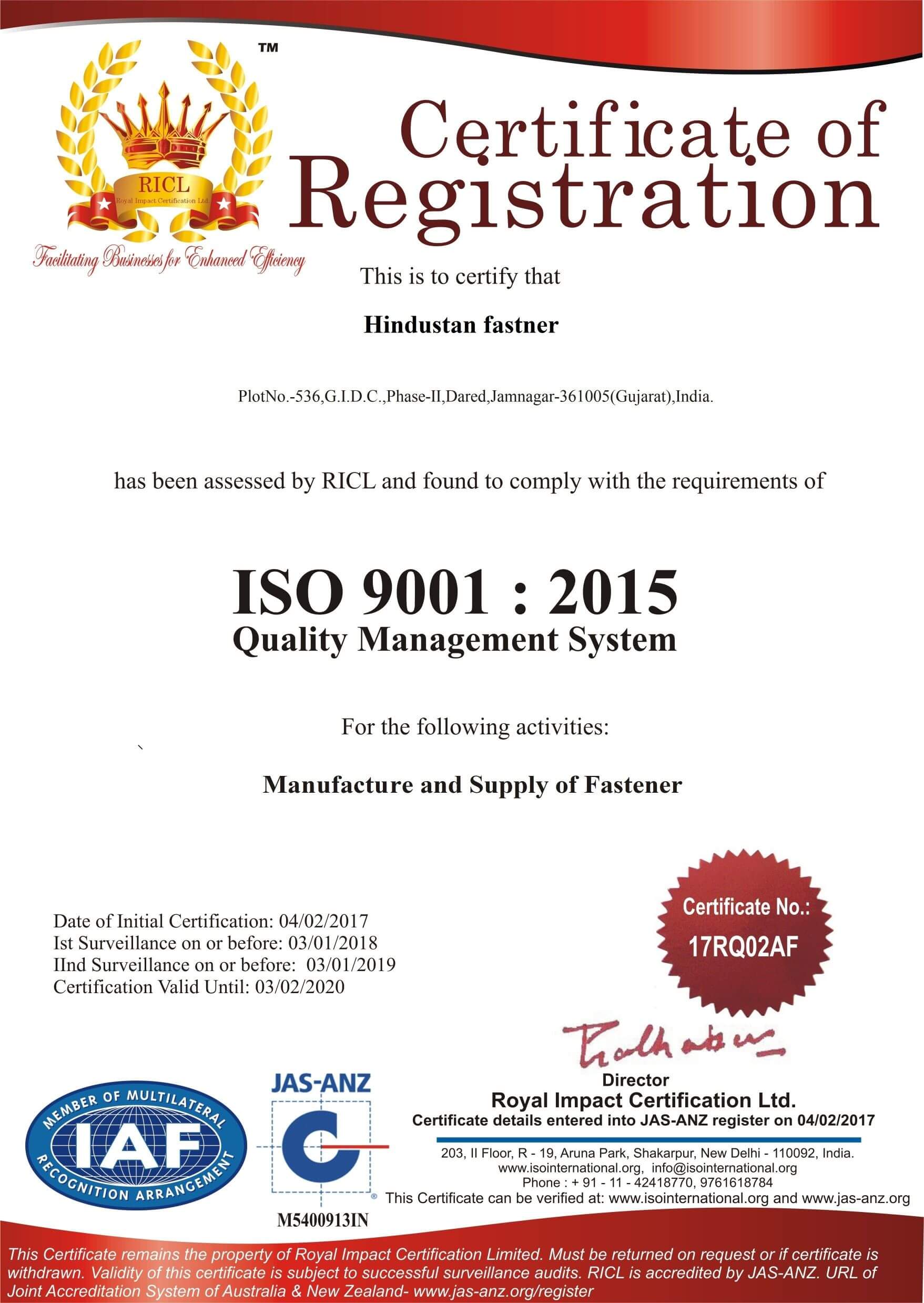 Hindustan Fastener ISO Certificate